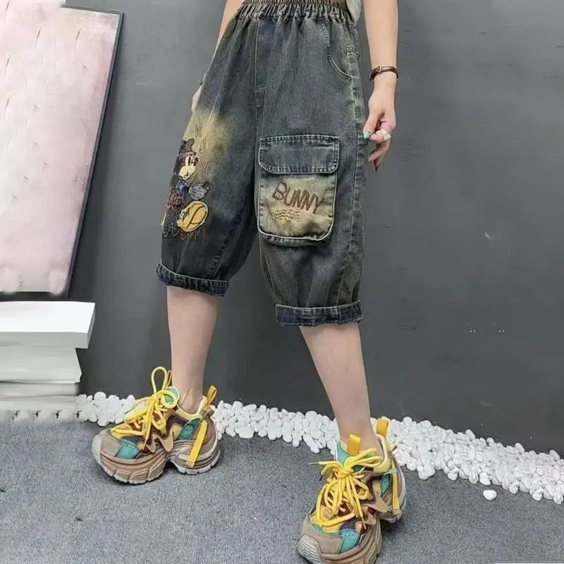 Letter Pocket Embroidered Denim Culottes Women's Summer Loose Large Size Straight Leg Drawstring Five Minute Mid Length Pants