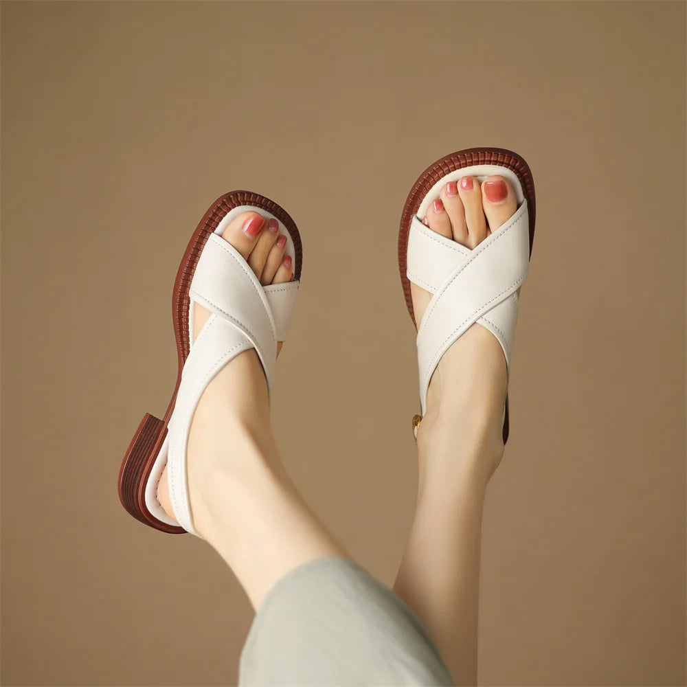 Women's flat sandals genuine leather cross strap open-toe summer casual female footwear high quality soft comfortable plus size