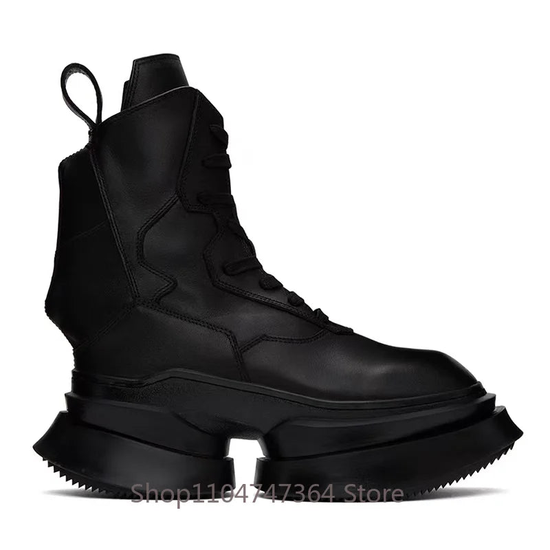 Street Fashion Motorcycle Ankle Boots - Genuine Leather Thick Sole High Heel Lace-Up