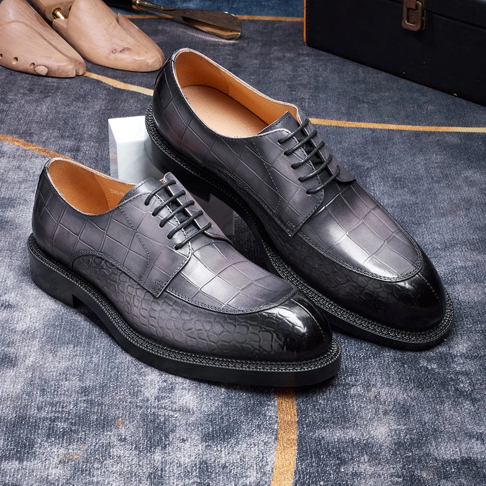 CROCODILE OXFORD DRESS SHOES - Men's Genuine Cowhide Height-Increasing Lace-Up - Elegant Wedding & Office