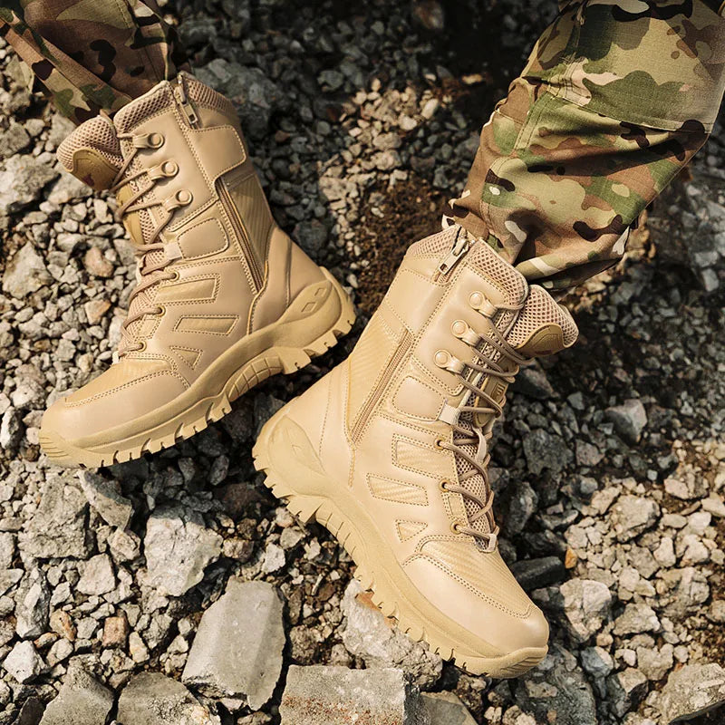 DUNE WALKER - Men's High-Top Leather Ankle Boots - Desert Combat Style