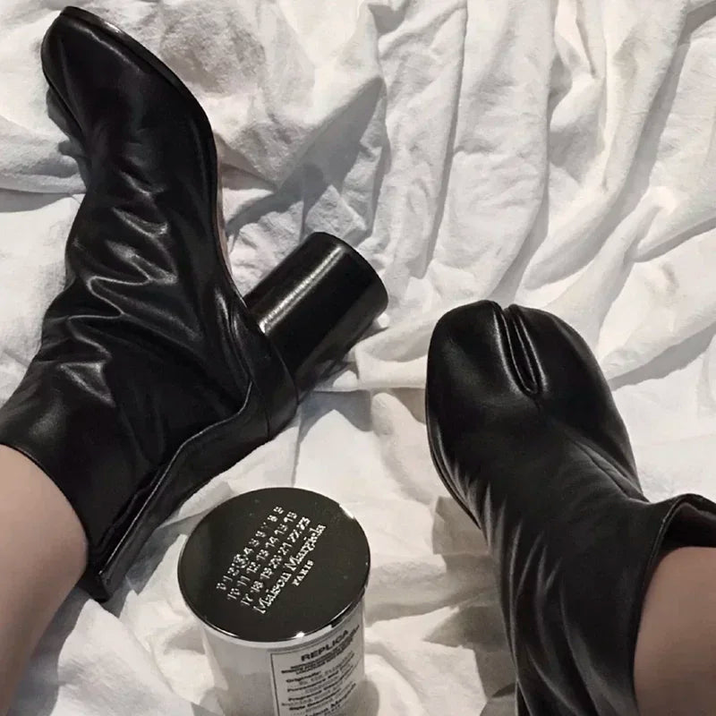 Genuine Leather Tabi Split-Toe Ankle Boots – Chunky Heel