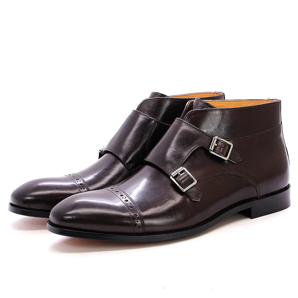 DOUBLE BUCKLE MONK STRAP BOOTS - Men's Genuine Calf Leather Ankle Boots Retro Cowboy Style - Black & Brown