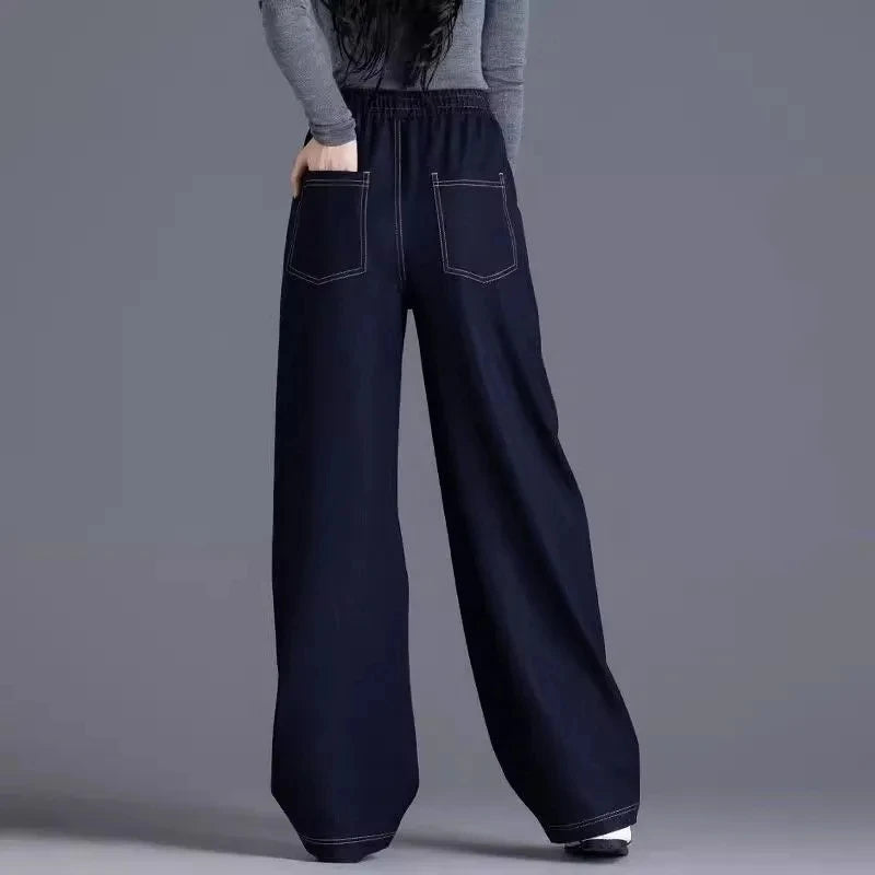 High Waist Wide Leg Jeans - Elastic Waist Loose Fit