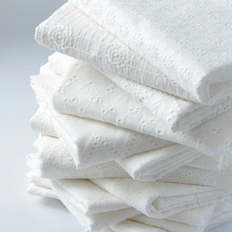 WHITE COTTON LACE FABRIC - Floral Embroidery, 130cm Wide - Elegant Sewing Cloth