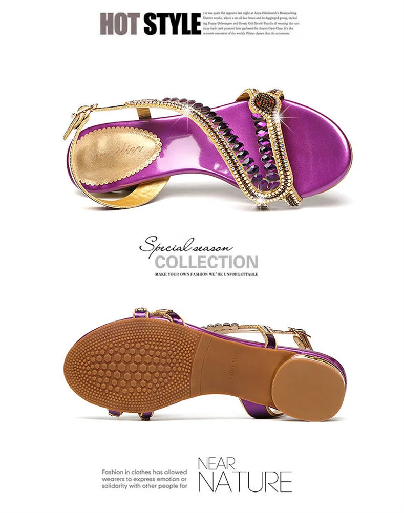 High-grade Rhinestones Fashion New Women's Summer Young Elegant Sandals Thick Heel Leisure Flat Bottomed Beach Sandals