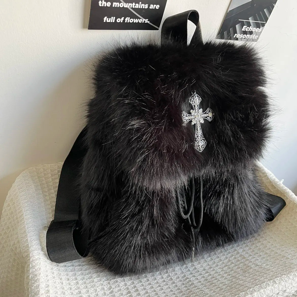 Black Plush Backpack Y2K Gothic Cross Fluffy Fur Backpack