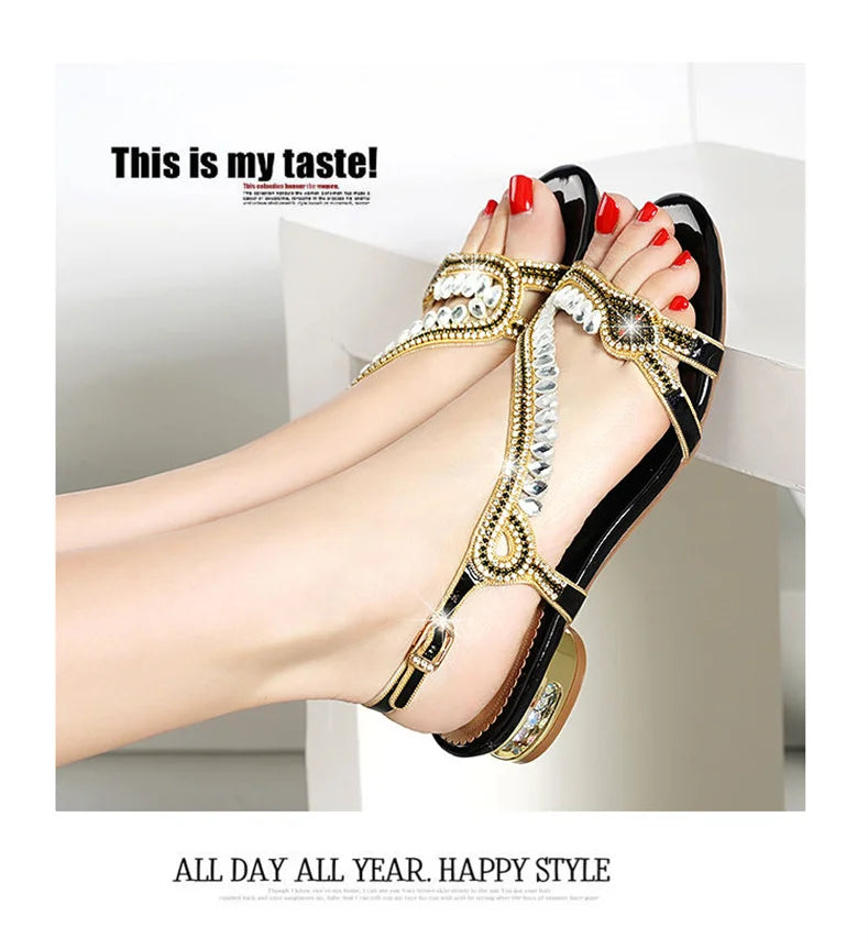 High-grade Rhinestones Fashion New Women's Summer Young Elegant Sandals Thick Heel Leisure Flat Bottomed Beach Sandals