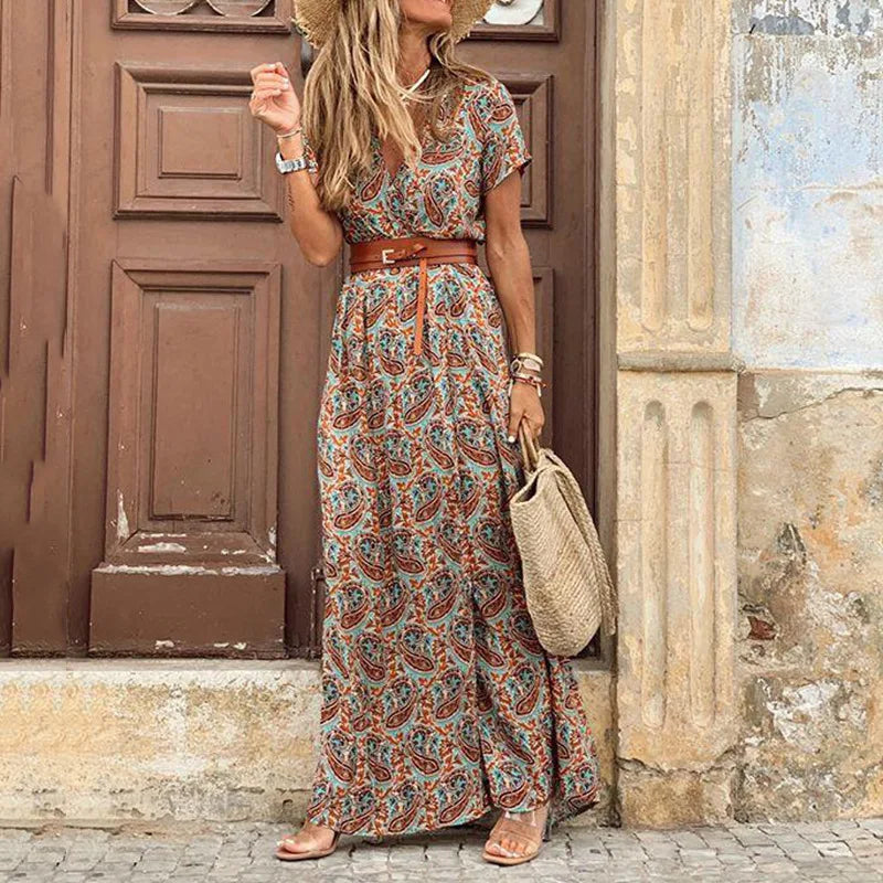 Elegant Floral Pleated H-shaped Midi Dress Female V-Neck Puff Sleeve Waist Ruched Button Dresses Women Summer Dress Robe