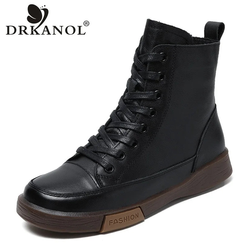Genuine Leather Ankle Boots – Handmade Retro Lace-Up