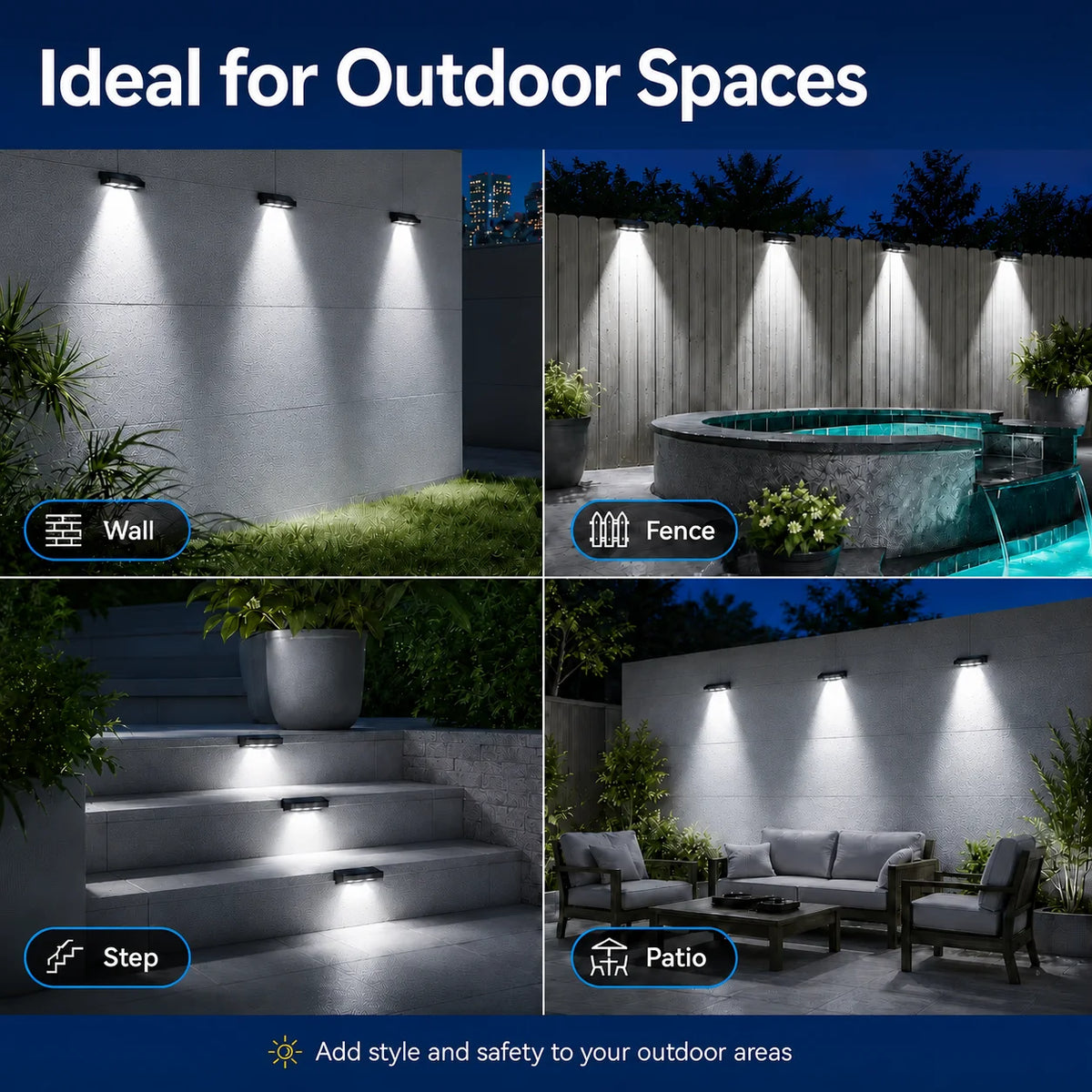 SOLAR FENCE LIGHTS - 8-Pack, 4 LEDs, IP44 - Auto Night Glow