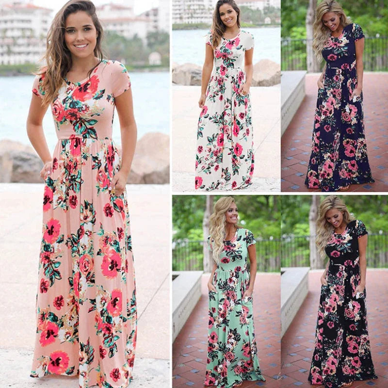 Summer Maxi Dress Women 2025 Pink Floral Print Boho Beach Dress Ladies Evening Party Long Dress Sundress Vestidos De Festa 3XL