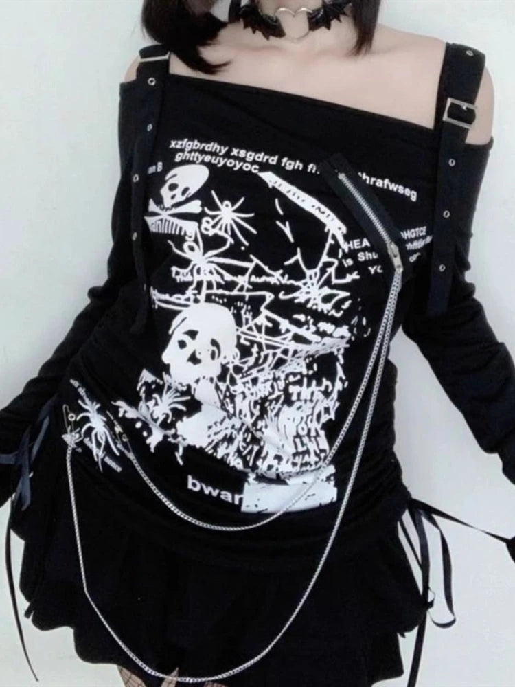 Subculture Punk Skull Print Slash Neck T-shirt Women Vintage Off Shoulder Design Long Sleeve Loose Tops Harajuku Gothic Chic Tee