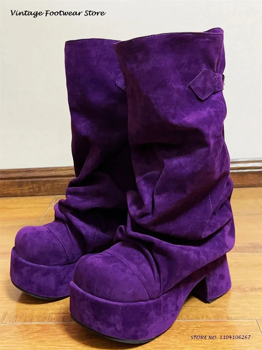 Patchwork Pleated Suede Knee-High Platform Boots