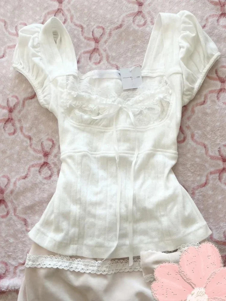 Summer Vintage Short Sleeve White Lace T-Shirts Women Design Chic Square Neck Lace Up Shirts Fashion Sweet Skinny Short Tops New