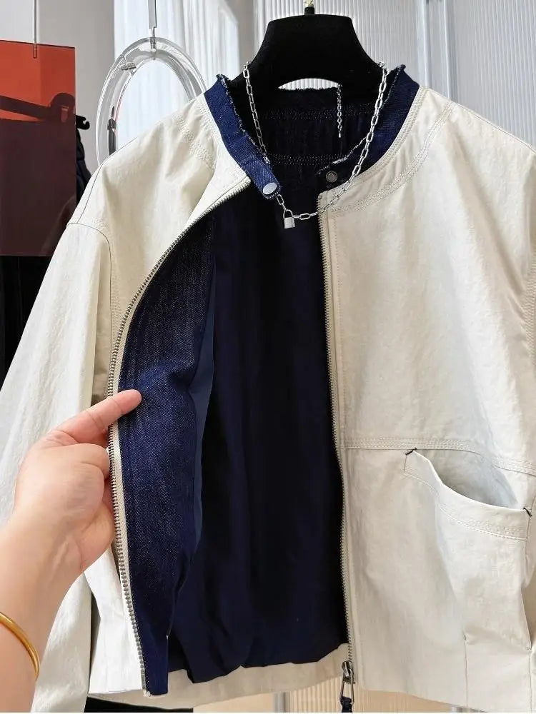 Ladies Short Jacket 2026 Spring Autumn Temperament Round Neck Lady Outerwear Casual Elegant Women's Be All-match Coat