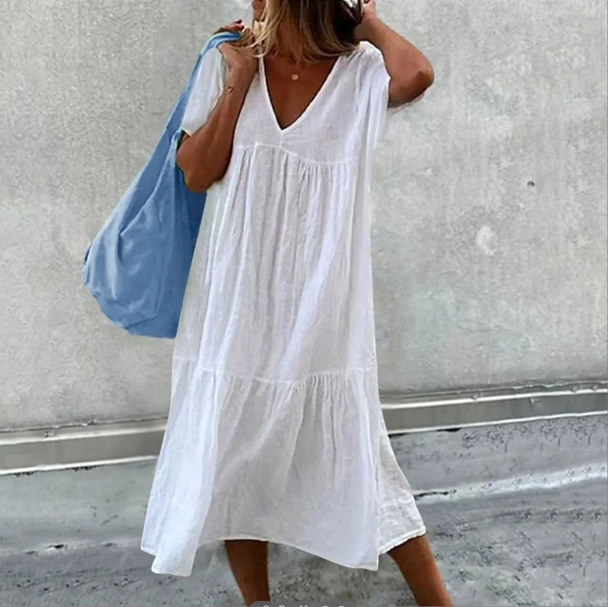 2025 New Women's Long Skirt Cotton Linen Short Sleeve O-neck Loose Solid Color Fashion Simple Vacation Pink Dress