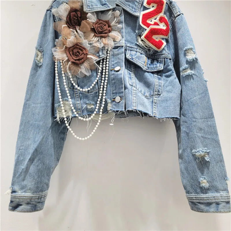 3D Flower Pearl Chain Denim Jacket – Trendy Lapel Long Sleeve