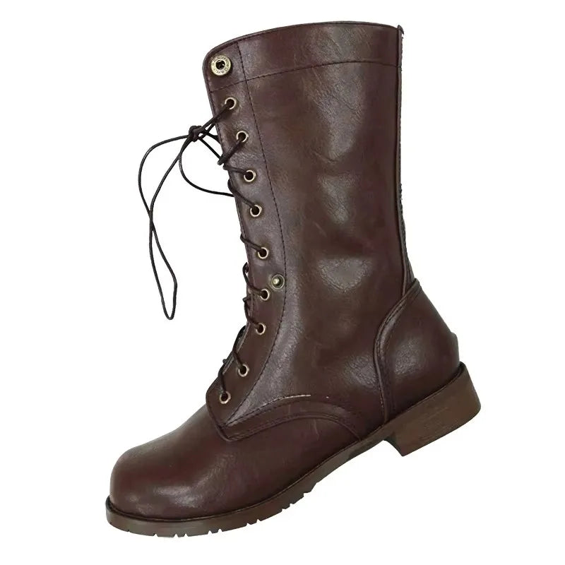 British Retro Knight Ankle Boots - Lace-Up Flannel Lined Medium Heel Plus Size