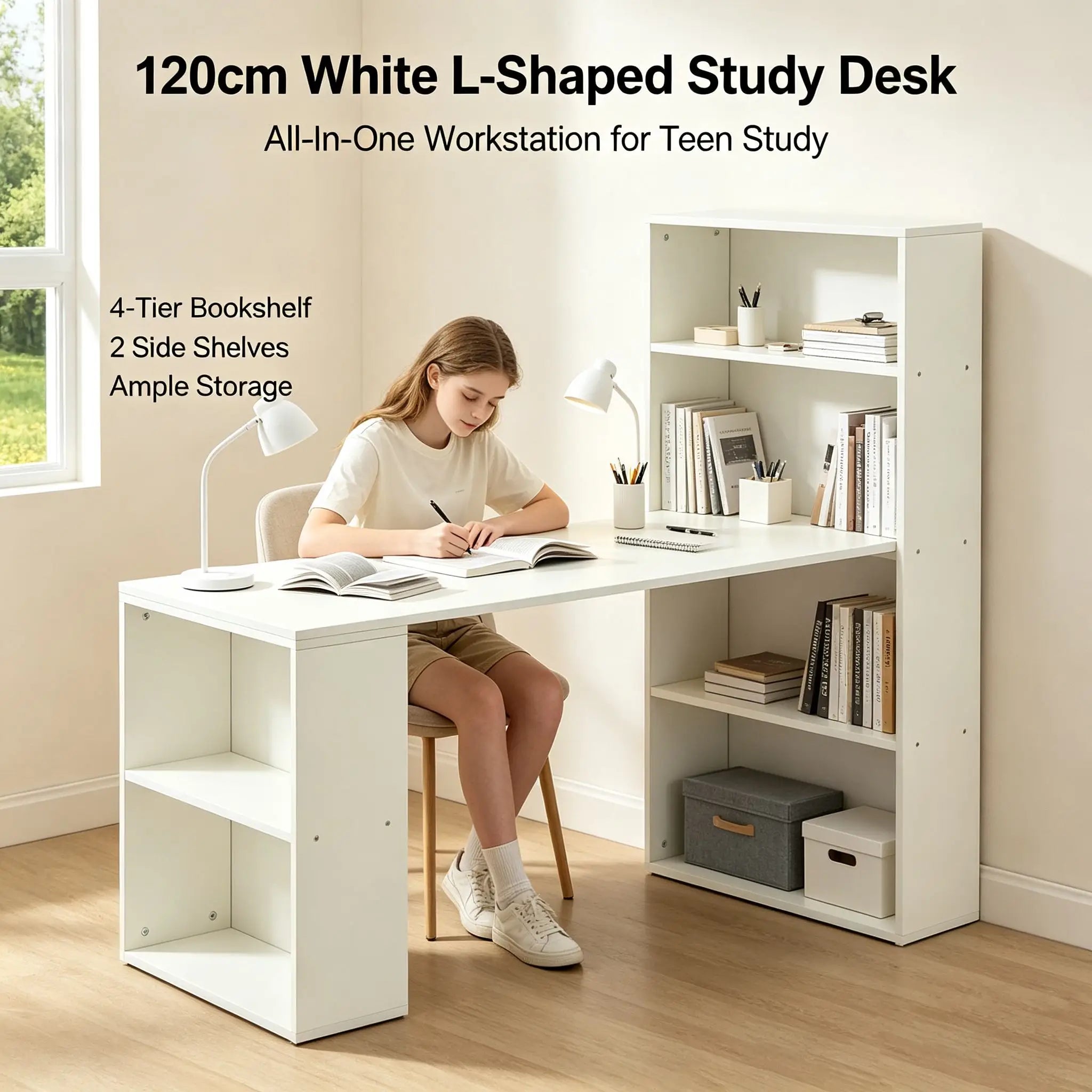 BYMAOCAR CORNER - L-Shaped Desk 120cm with 4-Tier Bookshelf - Work. Study. Game. All in One Corner.