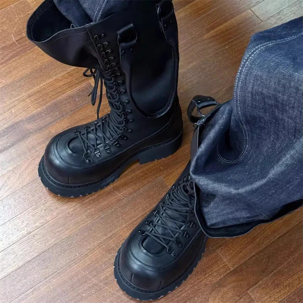CROSS STRAP - High-Top Black Leather Work Boots - Make Every Step Count