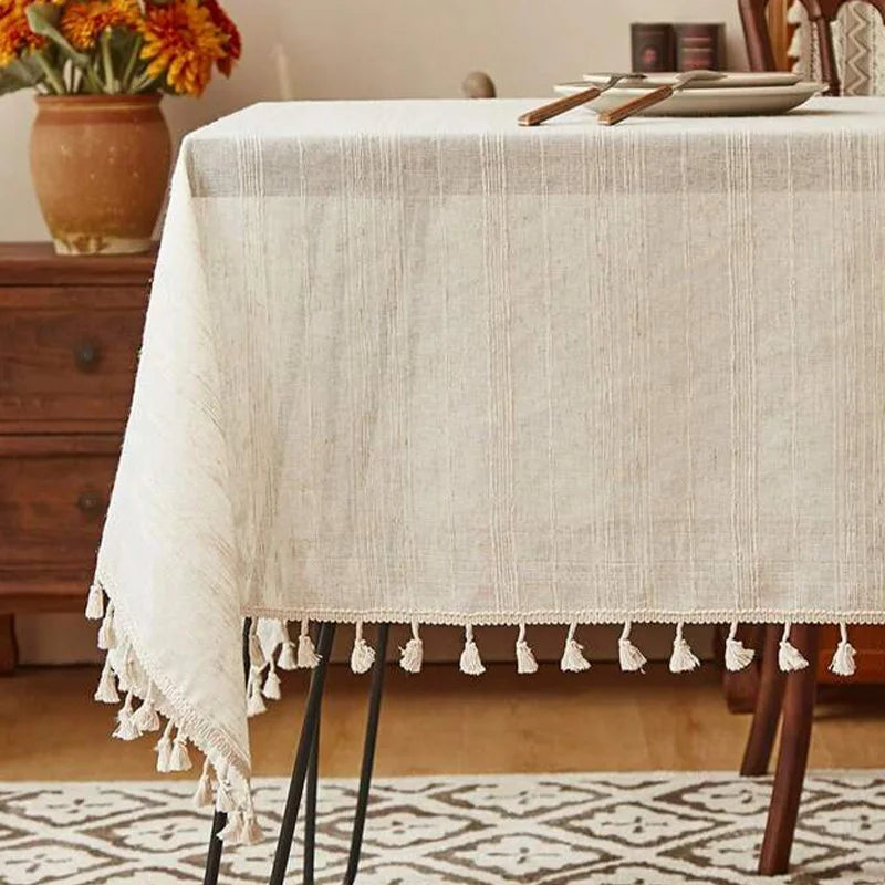 STRIPED LINEN TABLECLOTH WITH TASSELS - Thick Jacquard Weave, 12 Sizes - Laid-Back Tables, Real Texture