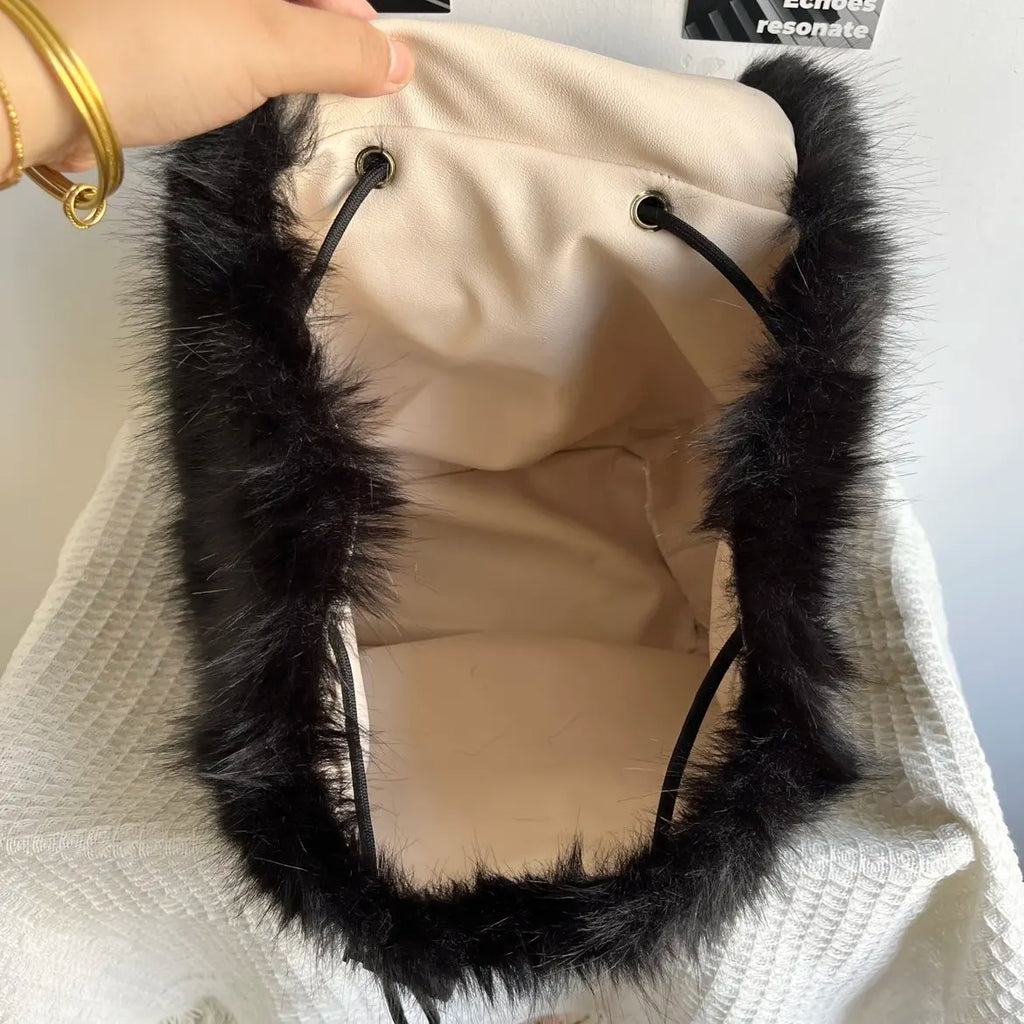 Black Plush Backpack Y2K Gothic Cross Fluffy Fur Backpack