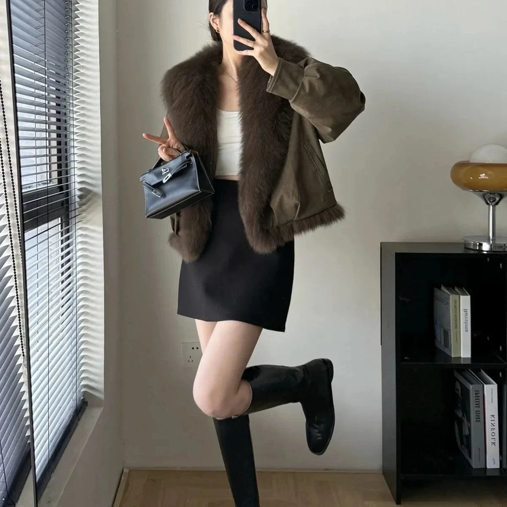 Faux Fox Fur Collar Jacket – Short Slim Winter Coat