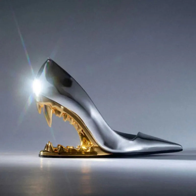2026 Summer New Metal Tiger Teeth Single Shoes, High Heels, Fashion Show, Women's Wear, Size 44 Women's Sandals