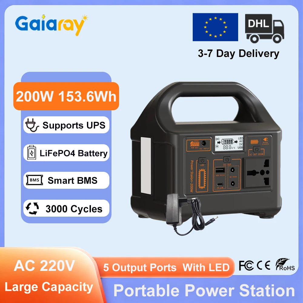 PORTABLE POWER STATION - 200W, 153.6Wh LiFePO4 - Ready Anywhere