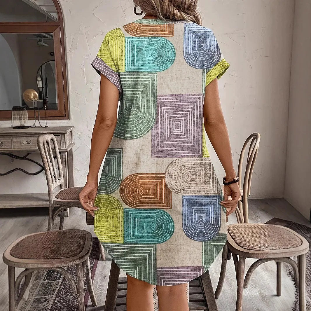 2025 European and American Women's Apparel Foreign Trade Amazon Summer Geometric Print Elegant V-Neck Button-Up Dress