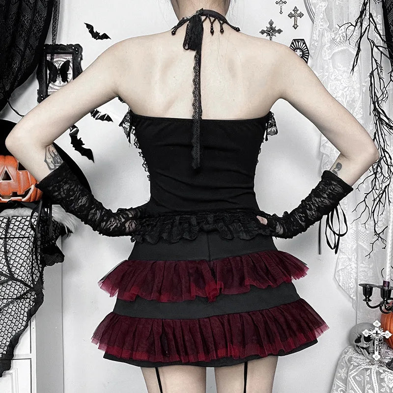 Unholy Lace Halter - Black Goth Corset Top With Cross And Red Velvet