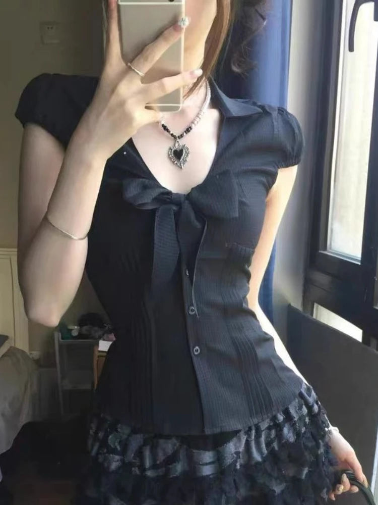 Nowa letnia koszula damska w kropki w stylu vintage, modna, dla „hot dziewczyny”, cienka, obcisła bluzka z kokardą, z krótkim rękawem, w stylu Hepburn, szykowna, Y2K