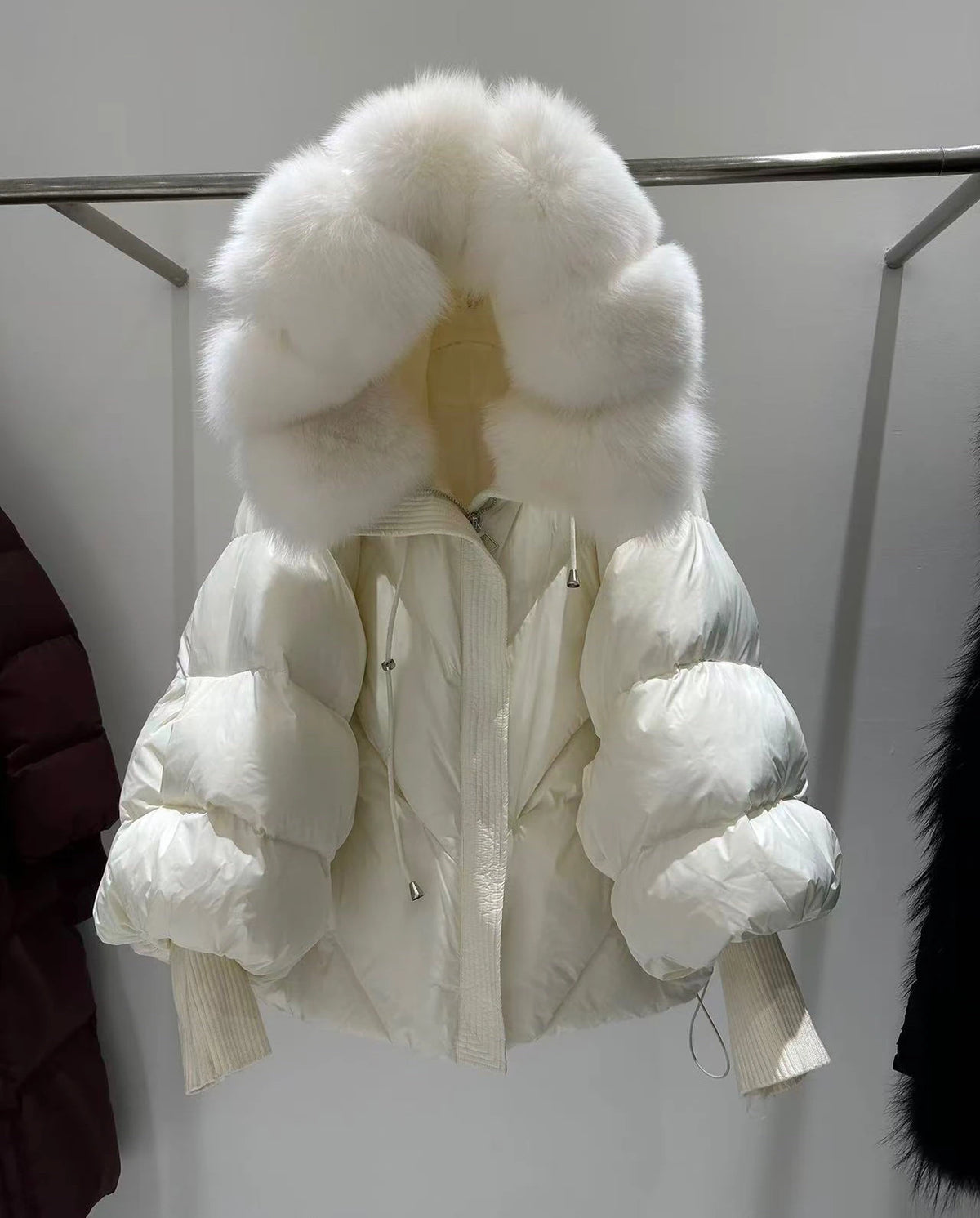 Fur Collar Down Jacket – Hooded Lantern Sleeve Quilted