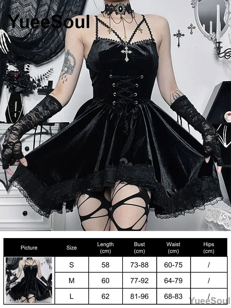 Grunge Gothic Women Dress Lace Trim High Waist Bodycon Mini Dress 2026 New E-girl Vintage Punk Harajuku Lolita Party Clothes