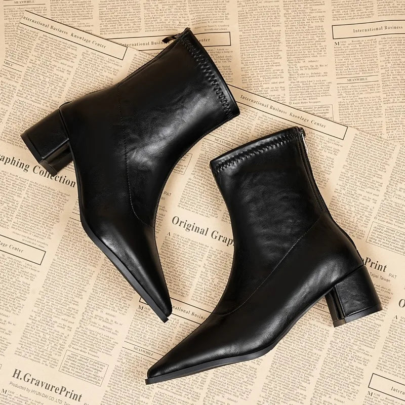 Vintage Ankle Boots – Thick Square Heel Pointed Toe Zip