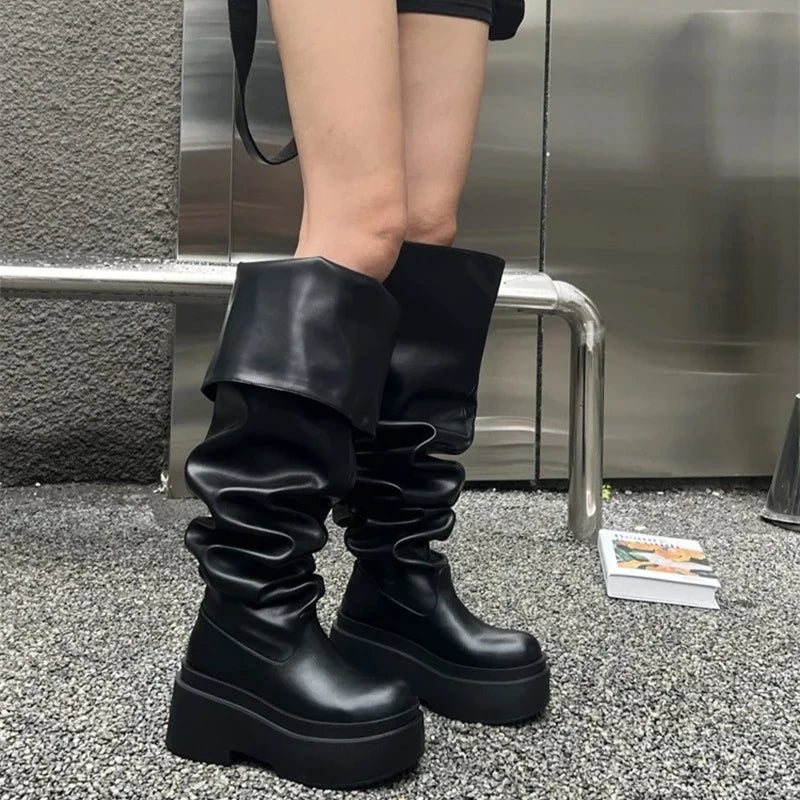 Pleated Slip-On Knee-High Boots – Square Heel