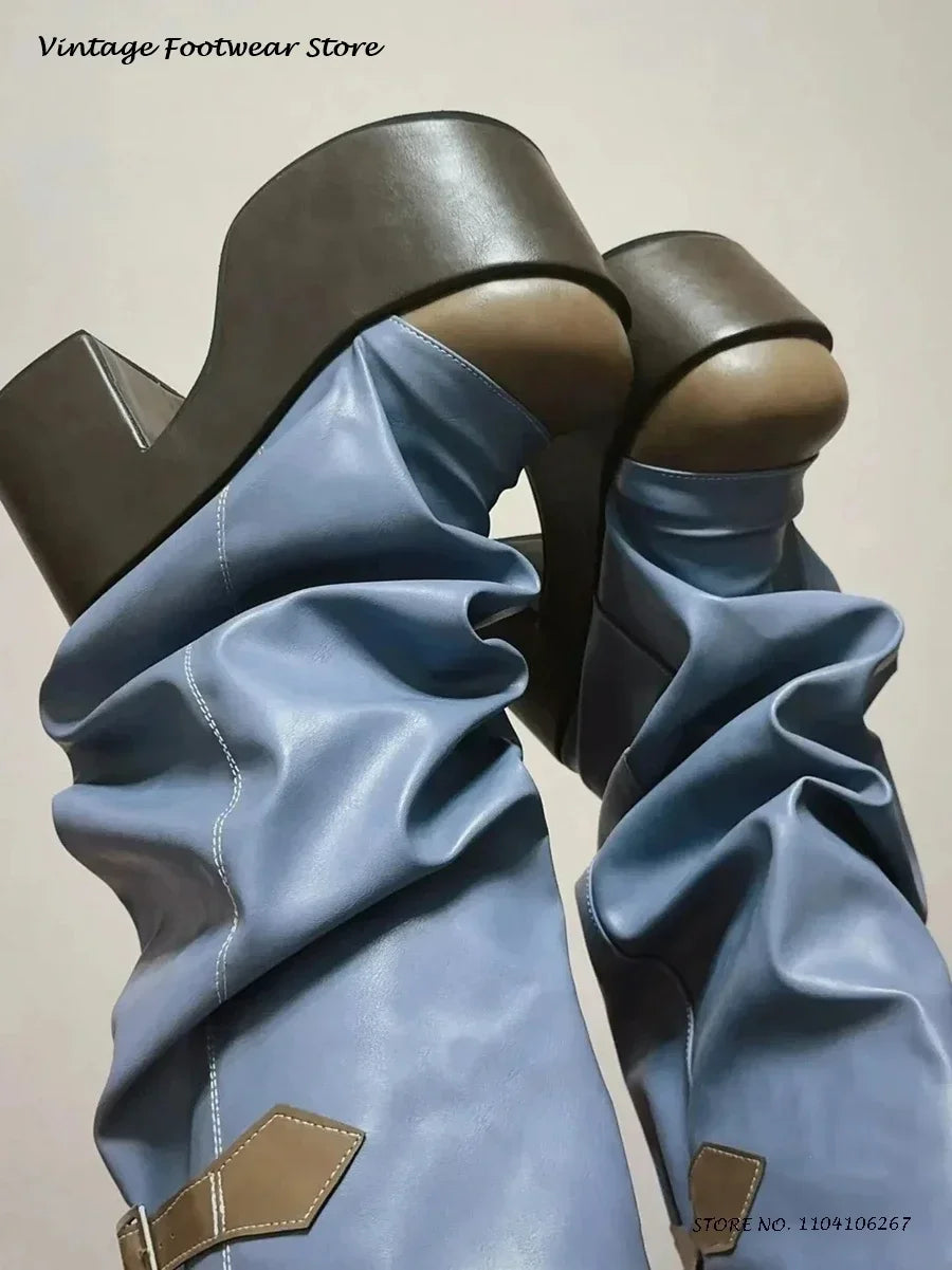 Patchwork Pleated Suede Knee-High Platform Boots