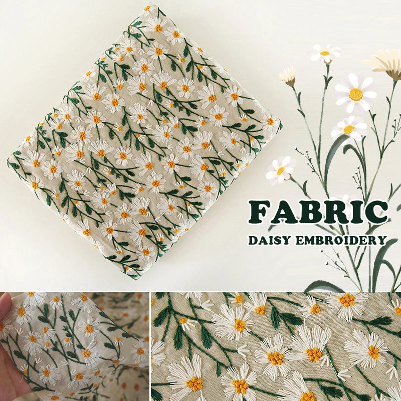 Retro Daisy Embroidery Cotton Linen Fabric – 135cm Wide