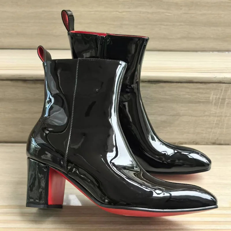 PATENT NOIR - Men's Luxury Patent Leather Chelsea Boots - Pointed Toe, Handmade, Mid-Calf
