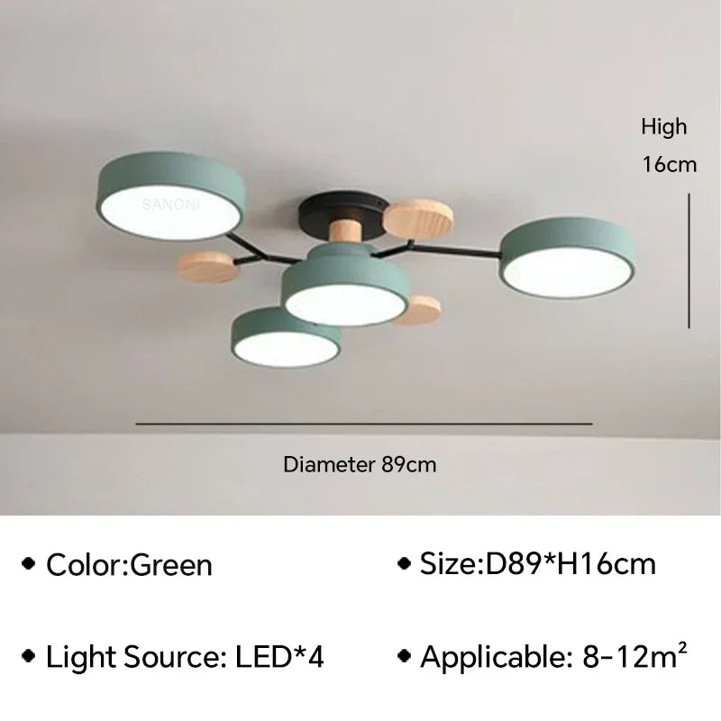 Macaron Wood Ceiling Light – 6 Colors, 1–7 Heads