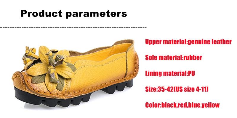 WOIZGIC Women Female Mother Ladies Genuine Leather Shoes Flats Loafers Non Slip On Flowers Retro Moccasins Plus Size 41 42