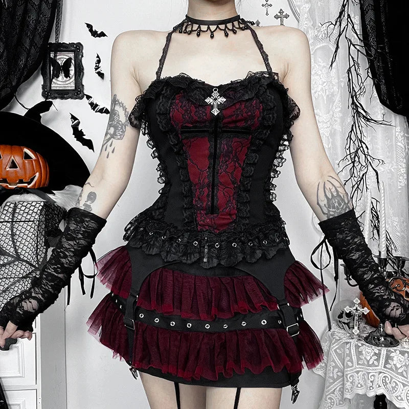 Unholy Lace Halter - Black Goth Corset Top With Cross And Red Velvet