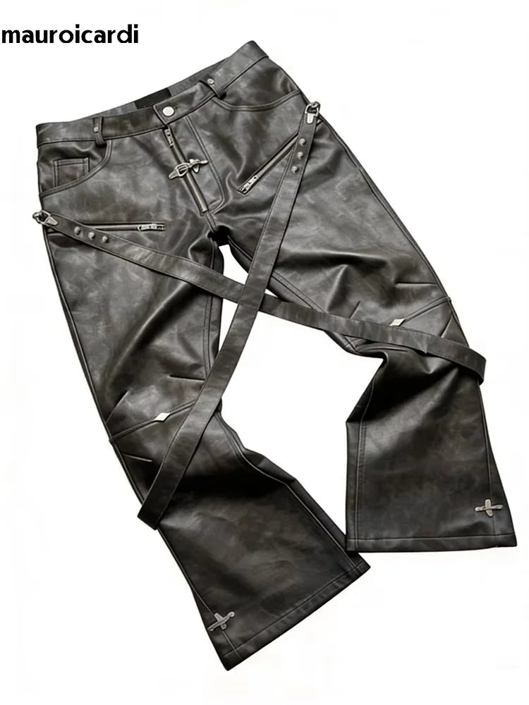 DARK MATTER - Men's Distressed Washed Faux Leather Pants - Punk Straight Trousers