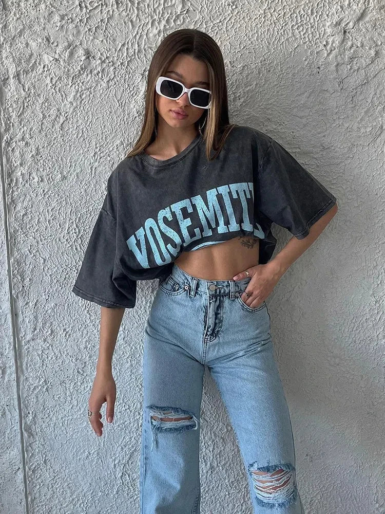 Women Leopard Letter Printed Washed T-shirt Cotton Oversized Womans Tops Fashion O-Neck Short Sleeve Tees Y2k Female Clothes