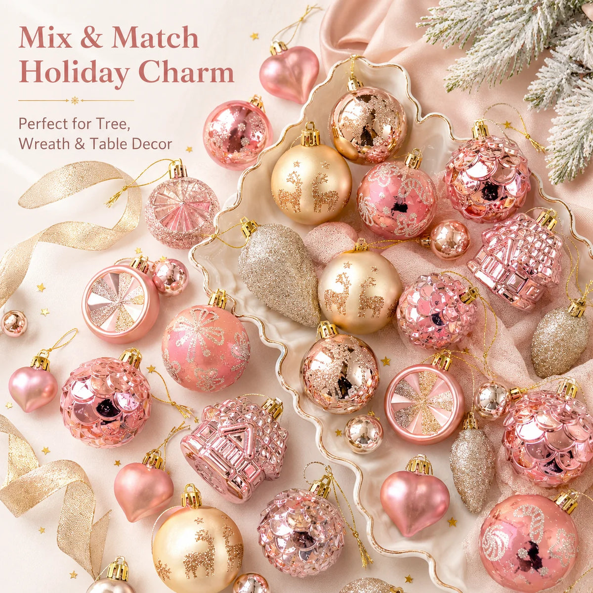 Rose Gold Christmas Ornament Set - 40 Pieces - Elegant Mix