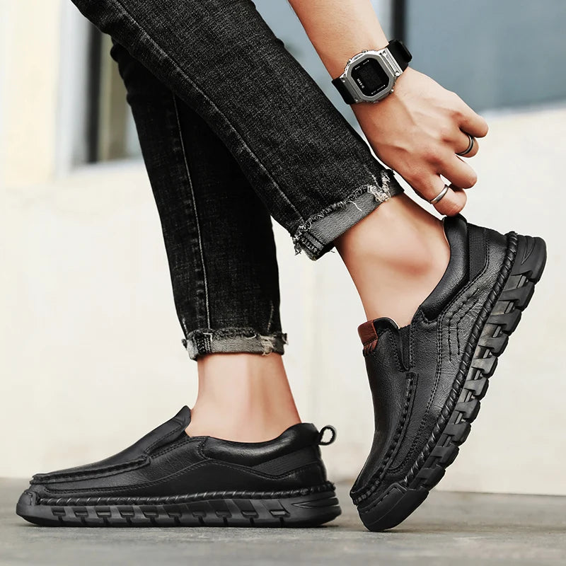 EASY GRAIN - Men's Handmade Split Leather Loafers - Flat Moccasins, Casual Comfort