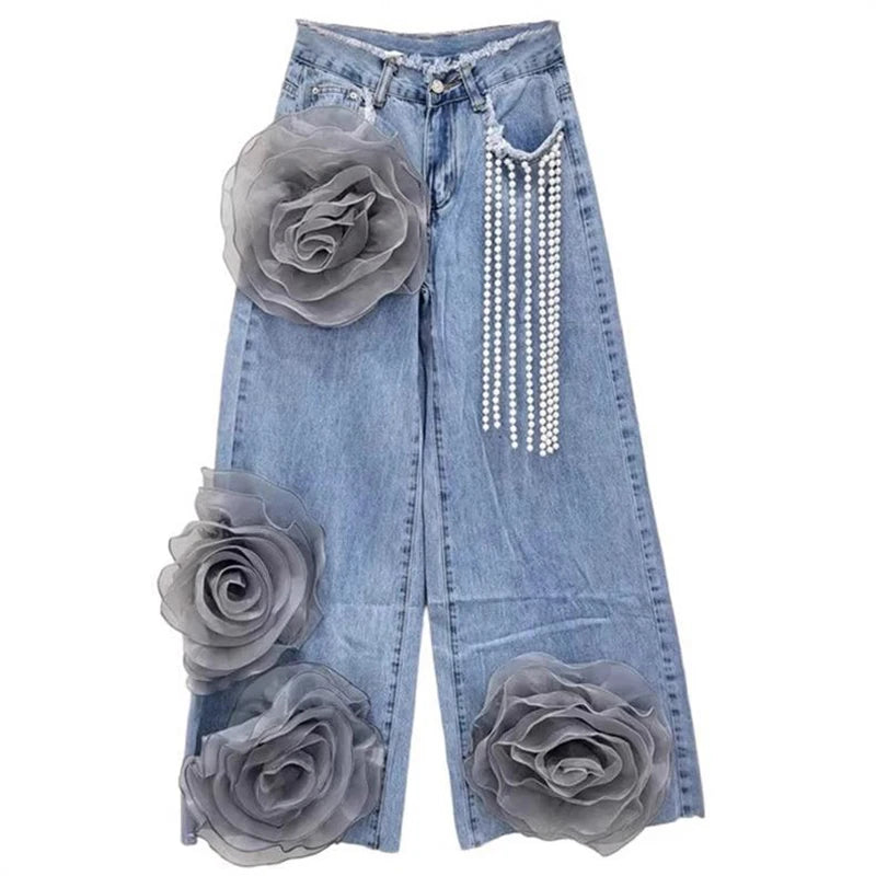 3D Floral High Waist Wide Leg Jeans