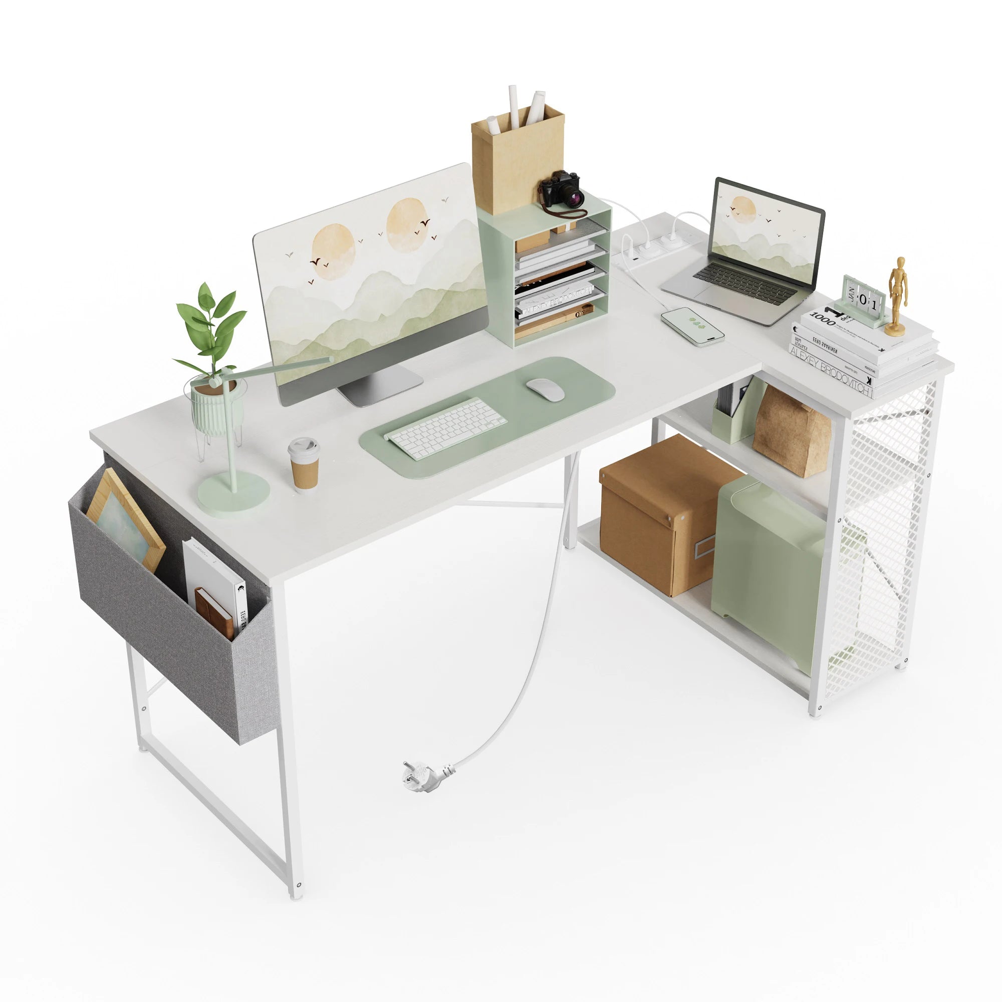 L-Shaped Corner Desk – Monitor Shelf, USB & Power Outlet