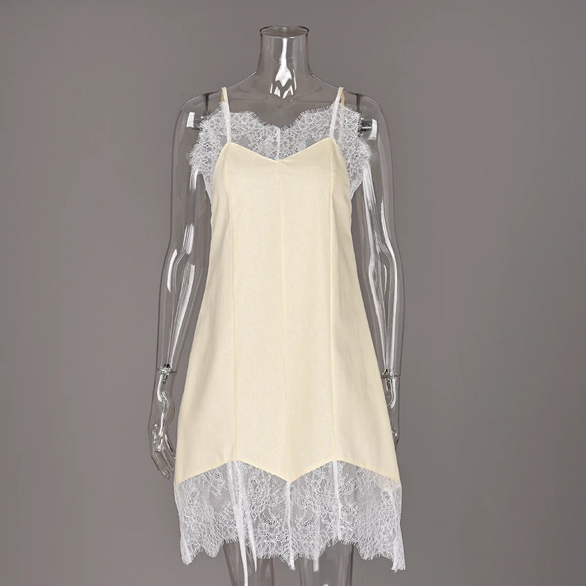 Linad Sexy Lace Spaghetti Strap Short Dress Summer Street Chic Cotton Straight Dresses Women Casual Sleeveless Dress Female 2025